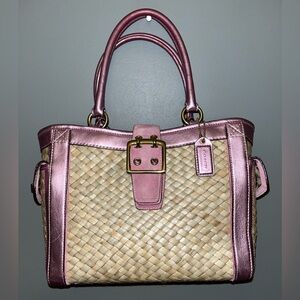 Coach Vintage Kelsey Pink and Tan Woven Straw/Rafia Tote